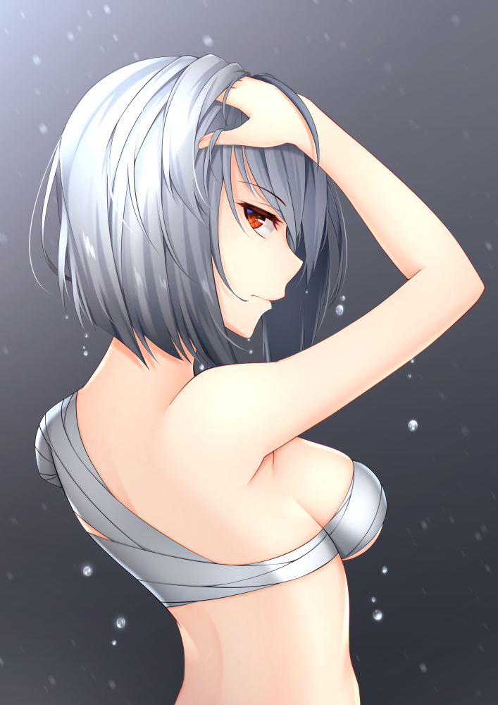 1girl, amputee, aoki_touji, arm_up, back, bandages, bangs, bob_cut