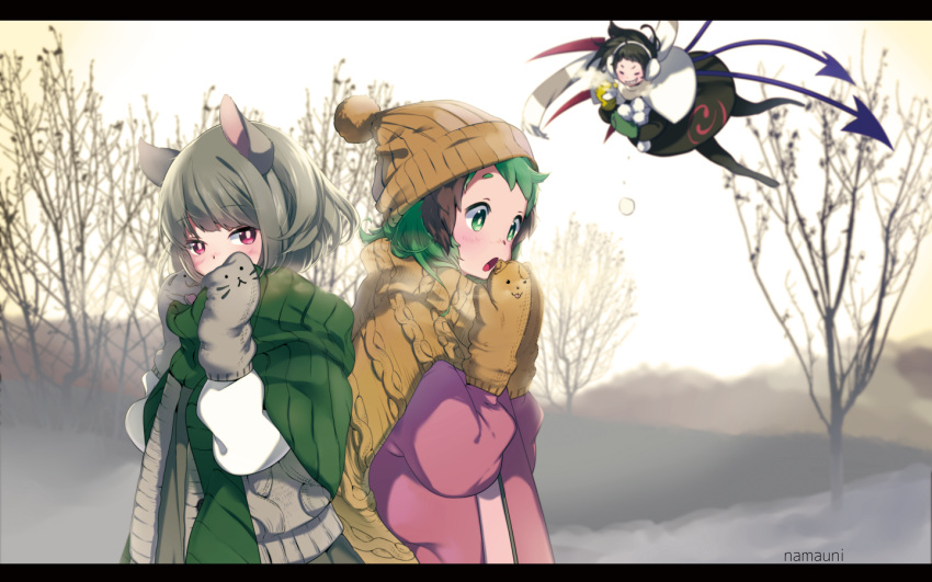 3girls, :o, adapted_costume, animal_band, animal_ears, artist_name, asymmetrical_wings, bangs