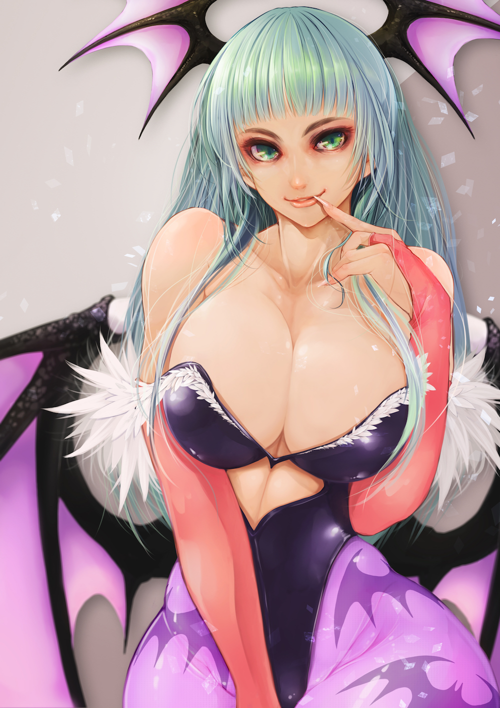 1girl, bare_shoulders, bat_print, breasts, bridal_gauntlets, capcom, cleavage, closed_eyes, collarbone, demon_girl, demon_wings, green_eyes, green_hair, head_wings, highres, large_breasts, lips, maru-pen, morrigan_aensland, print_legwear, solo, thighs, vampire_(aoki_hagane_no_arpeggio), vampire_(game), wide_hips, wings