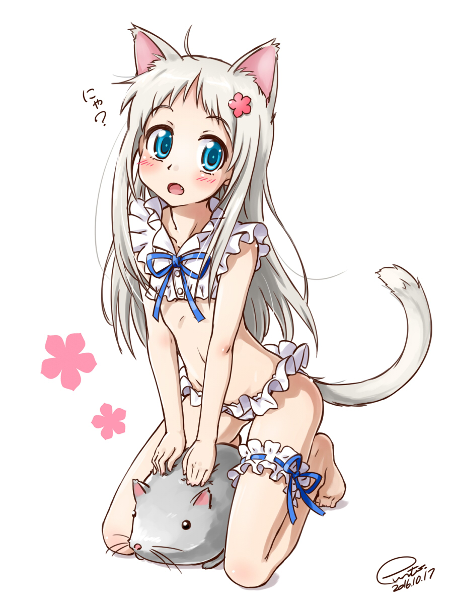 1girl, adapted_costume, animal_ears, ano_hi_mita_hana_no_namae_wo_bokutachi_wa_mada_shiranai., barefoot, bikini, blue_eyes, cat_ears, cat_tail, dated, fang, flower, frilled_bikini, frills, hair_flower, hair_ornament, highres, honma_meiko, kneeling, long_hair, mouse, punto, signature, silver_hair, sitting, swimsuit, tail, wariza
