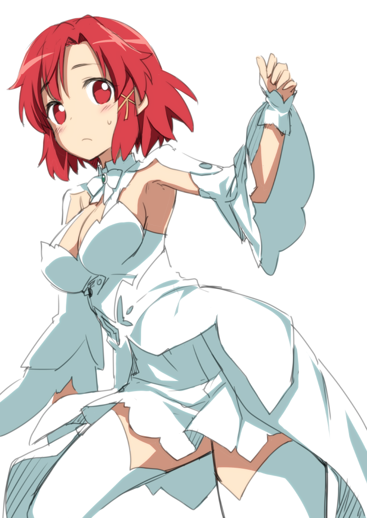 1girl, armpits, detached_sleeves, izetta, kannazuki_genshi, red_eyes, redhead, short_hair, shuumatsu_no_izetta, simple_background, solo, thigh-highs, thighs, white_background, white_legwear, zettai_ryouiki