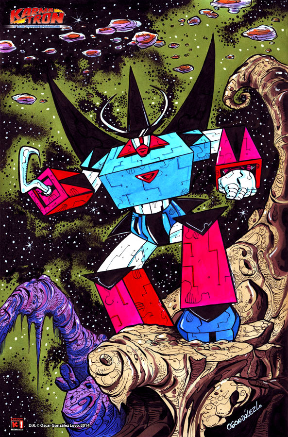2014, 70s, 80s, asteroid, hook_(karmatron), hook_hand, insignia, karmatron_y_los_transformables, logo, looking_at_viewer, marker_(medium), mecha, metnal, official_art, official_style, oldschool, oscar_gonzalez_loyo, robot, scan, science_fiction, space, star_(sky), traditional_media, watercolor_(medium), watermark