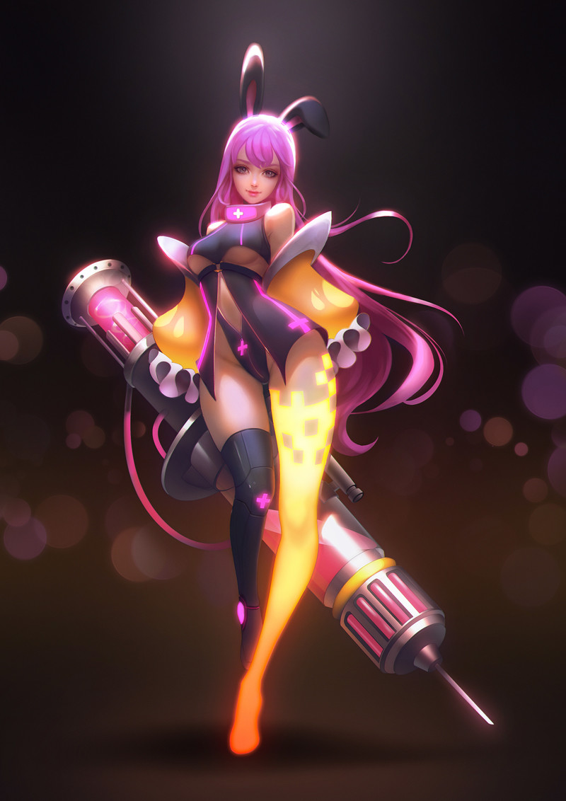 1girl, animal_ears, arm_behind_back, armor, armored_boots, asymmetrical_legwear, bangs, bare_shoulders, black_legwear, boots, breasts, closed_mouth, contrapposto, detached_sleeves, eyelashes, frilled_sleeves, frills, full_body, groin, high_collar, highleg, highleg_leotard, holding, holding_weapon, juvia_ho, knee_pads, leotard, lipstick, liquid, long_hair, looking_at_viewer, makeup, medium_breasts, midriff, nose, original, pink_eyes, pink_hair, pink_lips, pink_lipstick, rabbit_ears, scope, smile, solo, standing, syringe, thigh-highs, thigh_boots, turtleneck, under_boob, very_long_hair, weapon, wide_sleeves