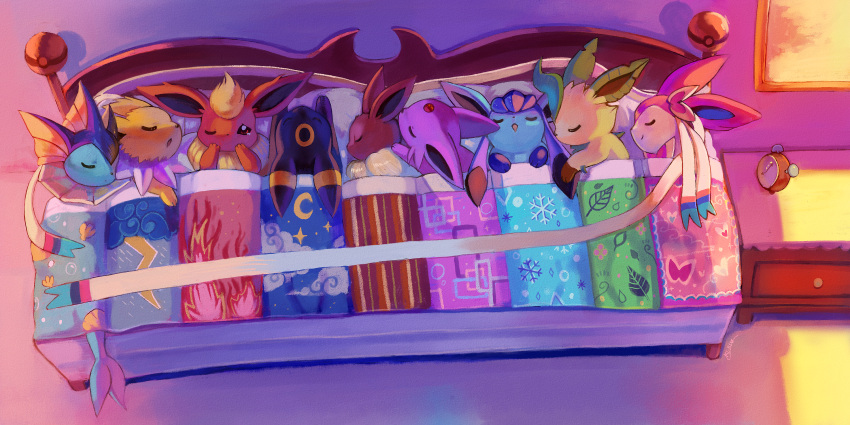 bed, bow, eevee, eeveelutions, espeon, flareon, glaceon, highres, jolteon, kori7hatsumine, leafeon, no_humans, one_eye_closed, open_mouth, pokemon, pokemon_(creature), pokemon_(game), sleeping, sylveon, umbreon, vaporeon