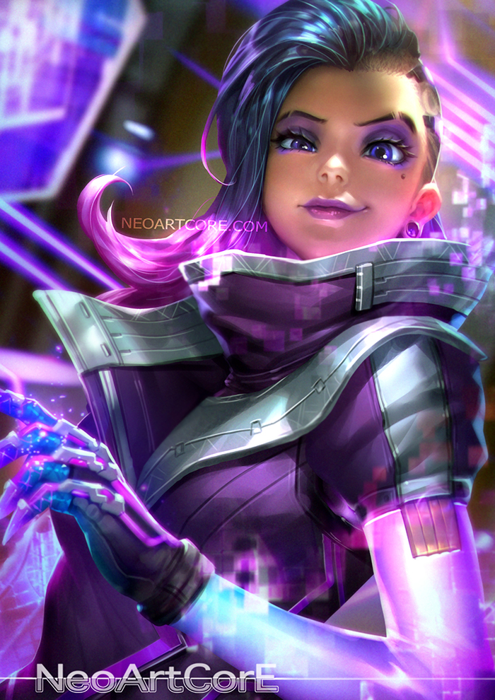 1girl, artist_name, asymmetrical_hair, black_gloves, black_hair, blue_eyes, bodysuit, bracer, breasts, claws, closed_mouth, crew_cut, dark_skin, earrings, eyelashes, eyeliner, eyeshadow, gloves, hand_up, high_collar, jewelry, lipstick, long_hair, long_sleeves, looking_at_viewer, makeup, mascara, medium_breasts, mole, mole_under_eye, multicolored_hair, nose, nudtawut_thongmai, overwatch, purple_coat, purple_hair, purple_lips, purple_lipstick, short_sleeves, smile, solo, sombra_(overwatch), stud_earrings, trench_coat, two-tone_hair, upper_body, watermark, web_address