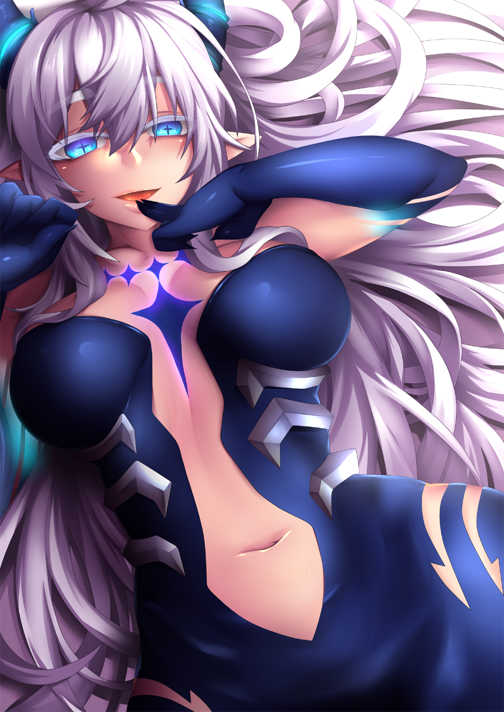 1girl, bare_shoulders, blue_dress, blue_eyes, breasts, center_opening, diabla_(elsword), dress