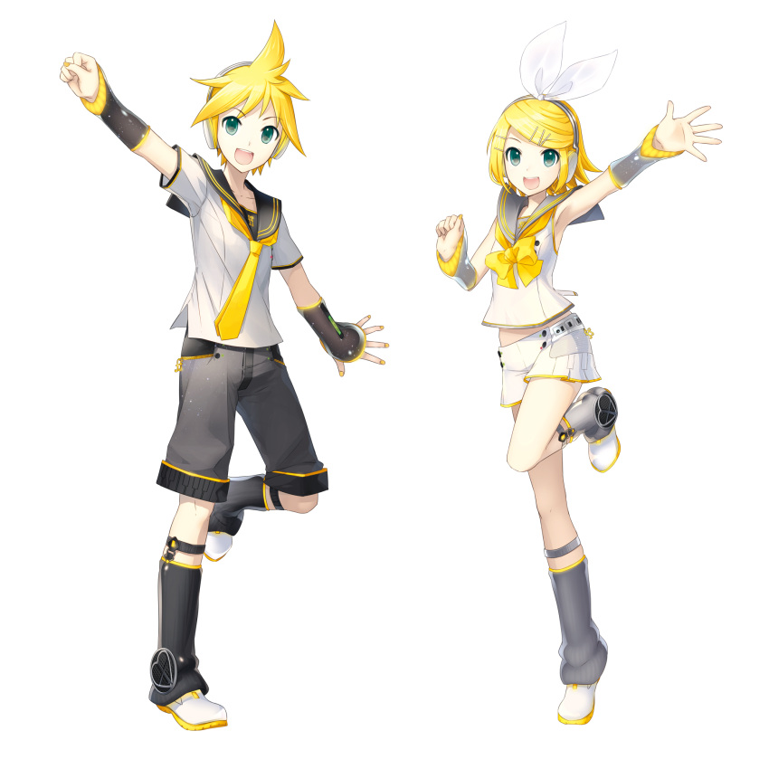 1boy, 1girl, aqua_eyes, blonde_hair, boots, bow, detached_sleeves, full_body