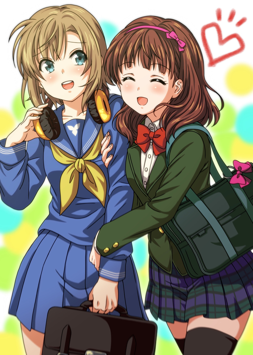 2girls, absurdres, aqua_eyes, arm_grab, blush, brown_hair, hairband, headphones, highres, idolmaster, idolmaster_cinderella_girls, multiple_girls, open_mouth, sakuma_mayu, school_uniform, serafuku, short_hair, smile, tada_riina, thigh-highs, yakiniku_(konoha3561), yuri, zettai_ryouiki