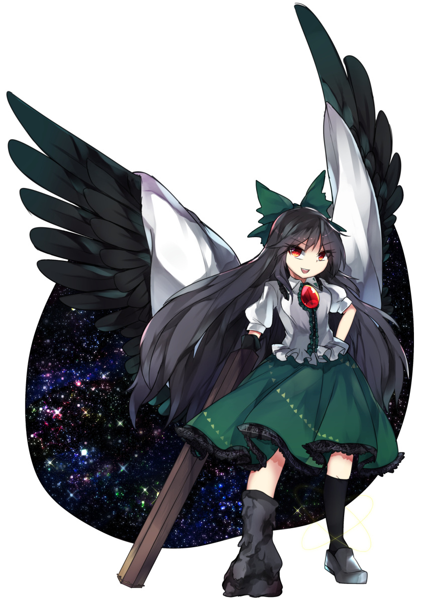 1girl, arm_cannon, asymmetrical_wings, bird_wings, black_wings, bow, full_body, green_bow