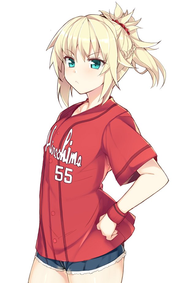 >:<, 1girl, alternate_costume, aqua_eyes, baseball_uniform, blonde_hair, braid, casual