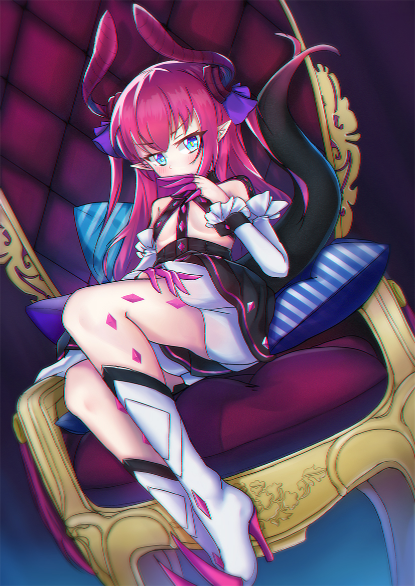 1girl, aly_(wei983999767), blue_eyes, chair, dragon_girl, dragon_horns, dragon_tail, fate/extra