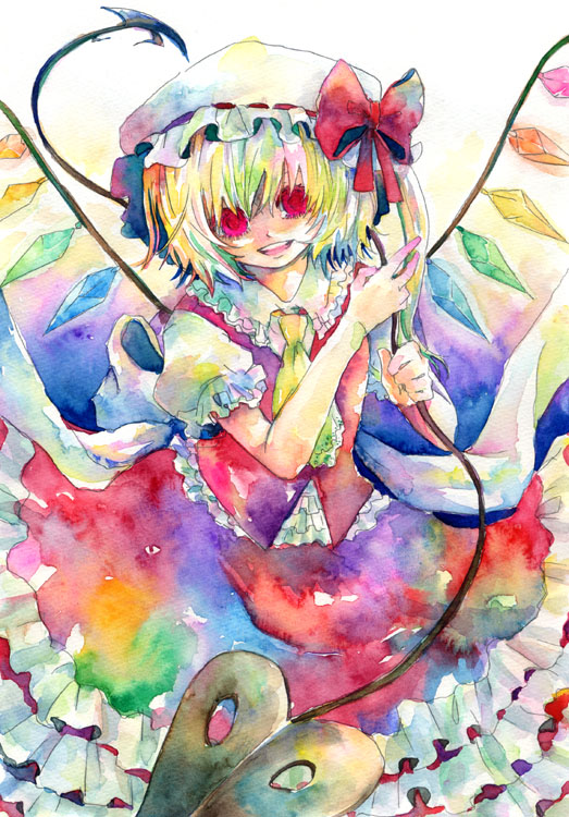 blonde_hair, colorful, flandre_scarlet, hat, ponytail, red_eyes, short_hair, side_ponytail