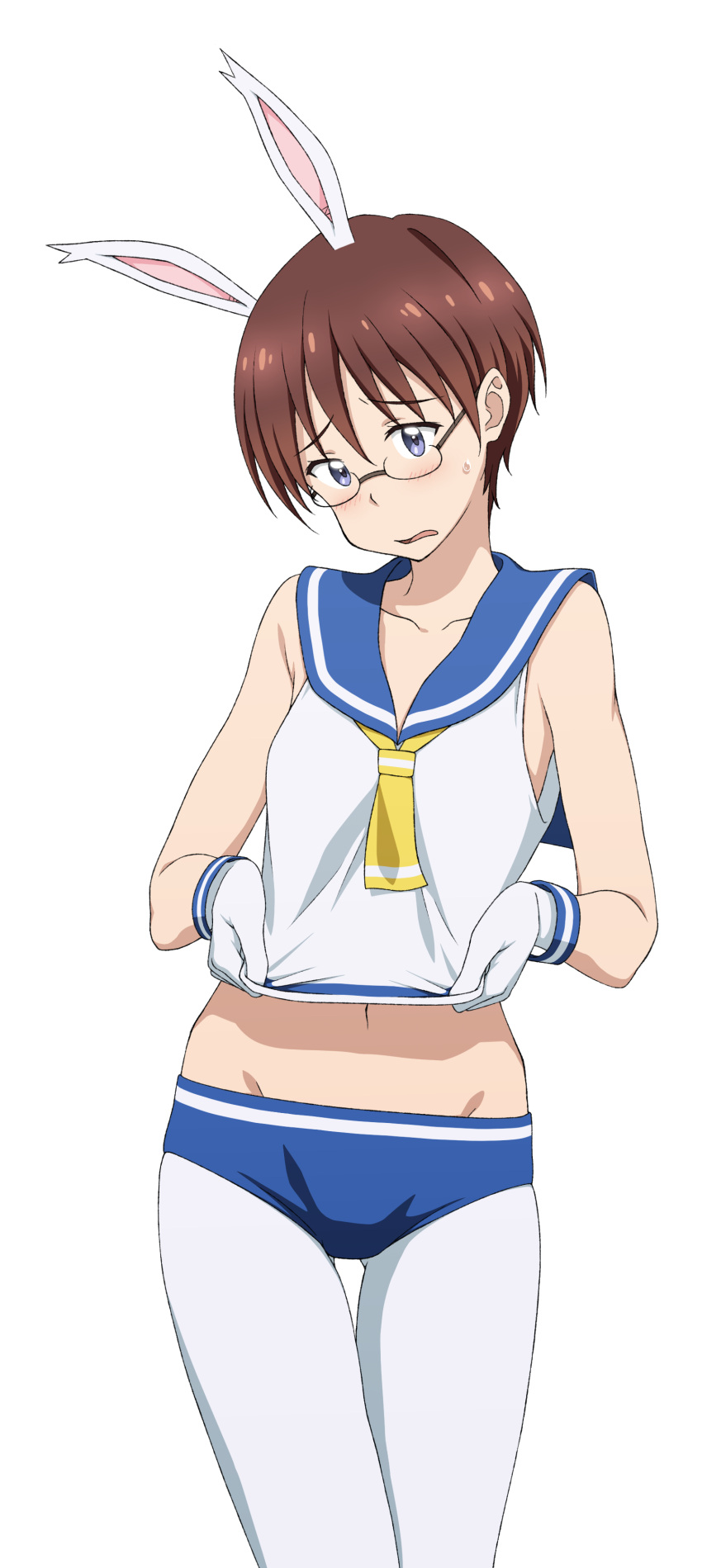 1girl, absurdres, animal_ears, brown_hair, crop_top, glasses, highres, kono_bijutsubu_niwa_mondai_ga_aru!