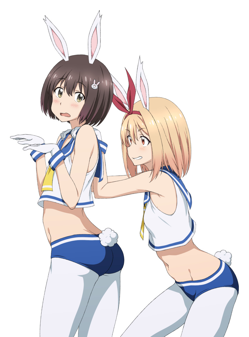 2girls, absurdres, animal_ears, ass, ayase_kaori, blonde_hair, blush, brown_hair
