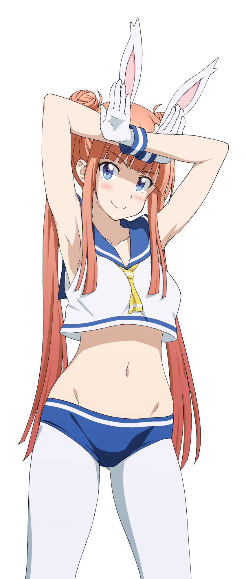 1girl, absurdres, animal_ears, armpits, blue_eyes, crop_top, double_bun, highres