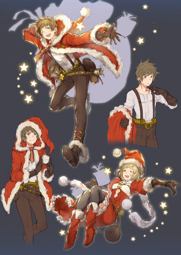 1boy, ;d, black_legwear, blonde_hair, boots, brown_eyes, brown_gloves, brown_hair