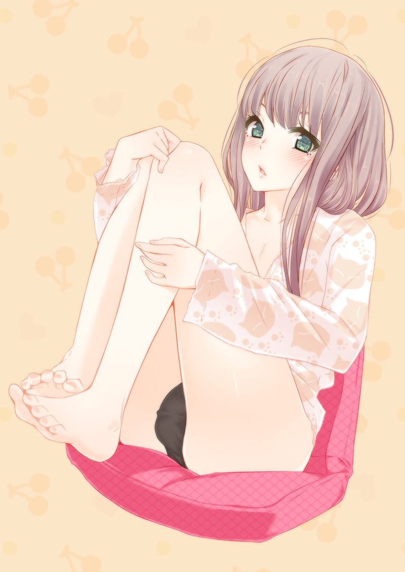 1boy, akage, bare_legs, barefoot, black_panties, blush, bulge, collarbone
