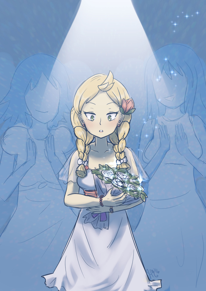 3girls, :o, bead_bracelet, beads, blonde_hair, blush, bouquet, bow, bracelet, braid, capelet, commentary, de_ruyter_(zhan_jian_shao_nyu), dress, earrings, faceless, faceless_female, flower, green_eyes, hair_bow, jewelry, mignonette, multiple_girls, rose, sparkle, spotlight, surprised, twin_braids, watch, white_bow, white_dress, white_rose, zhan_jian_shao_nyu