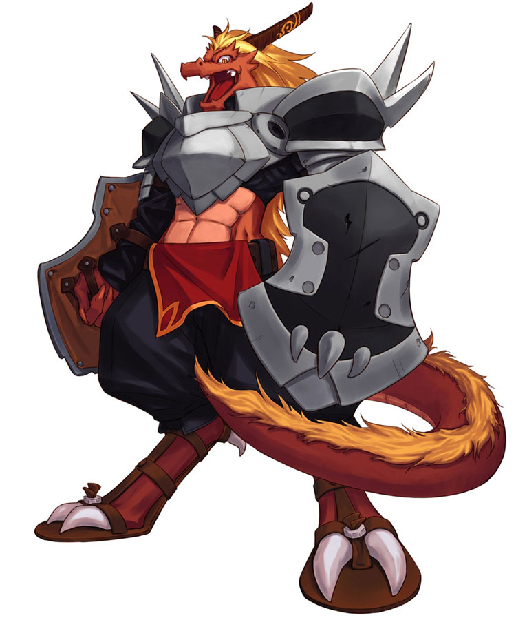 1boy, abs, armor, atelier_(series), atelier_iris, atelier_iris_eternal_mana_2, blonde_hair, dragon_horns, dragon_tail, furry, gray_(atelier_iris_2), horns, long_hair, official_art, open_mouth, orange_eyes, ouse_kohime, sandals, shield, simple_background, solo, tail, tongue, white_background