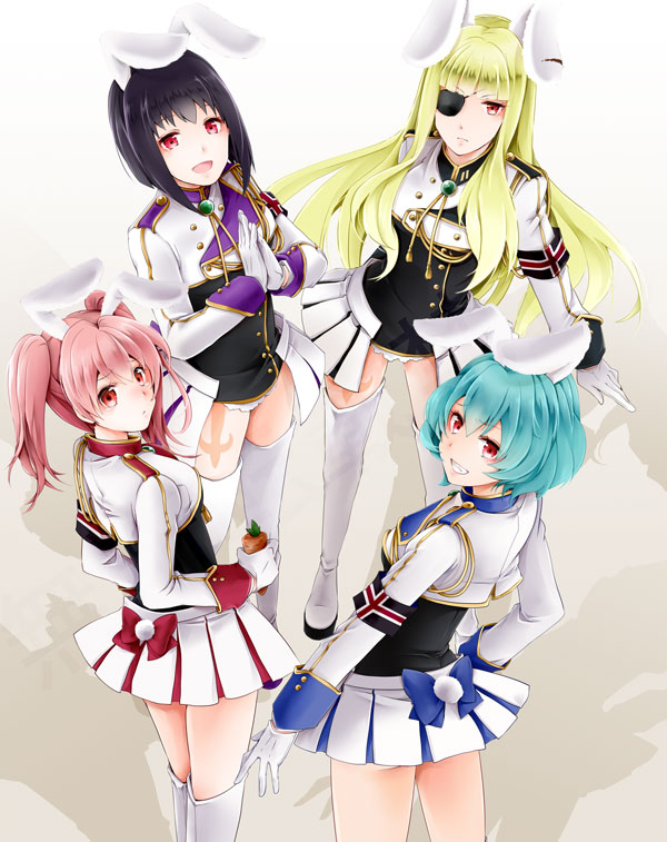 4girls, :d, akatsuki_hijiri, animal_ears, aqua_hair, black_hair, blonde_hair, boots