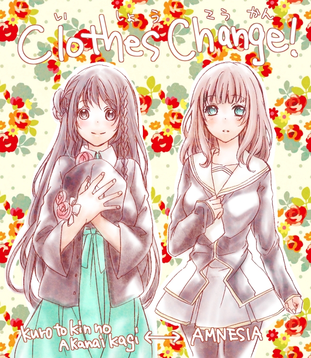 amnesia_(idea_factory), brown_hair, crossover, green_eyes, heroine_(amnesia), inekome, katagiri_kanade, kuro_to_kin_no_akanai_kagi