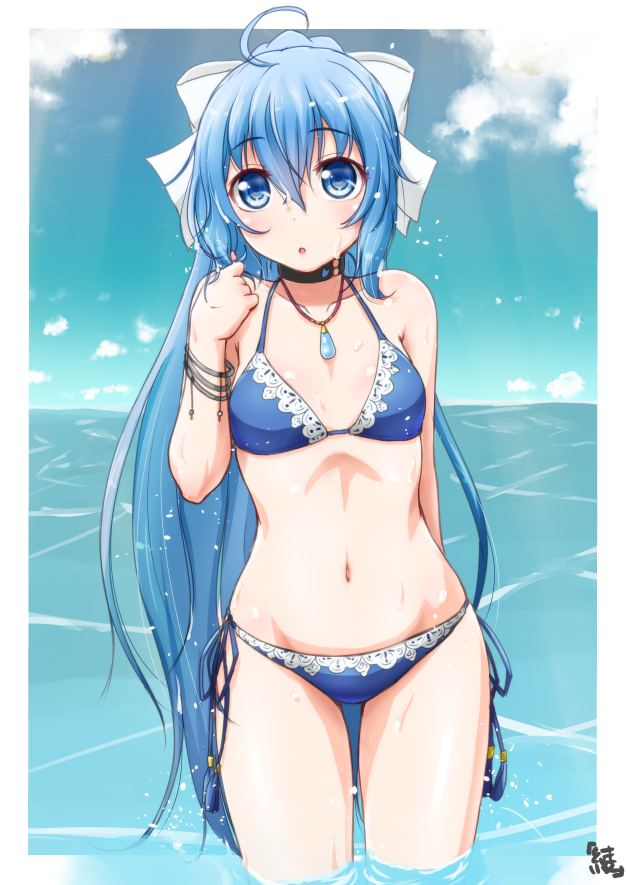 1girl, :o, ahoge, ayama_yuiya, bikini, blue_bikini, blue_eyes, blue_hair