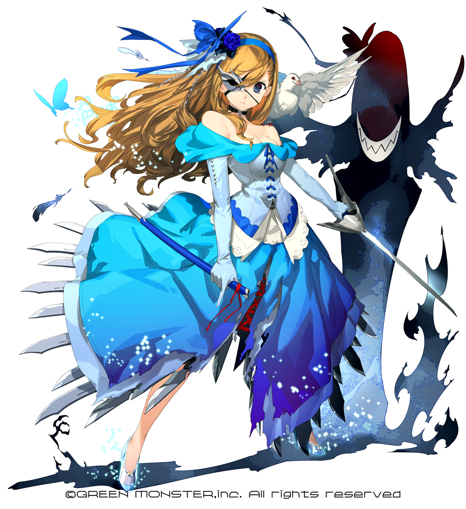 1girl, bare_shoulders, blonde_hair, blue_eyes, breasts, cleavage, eyepatch, fighting_stance