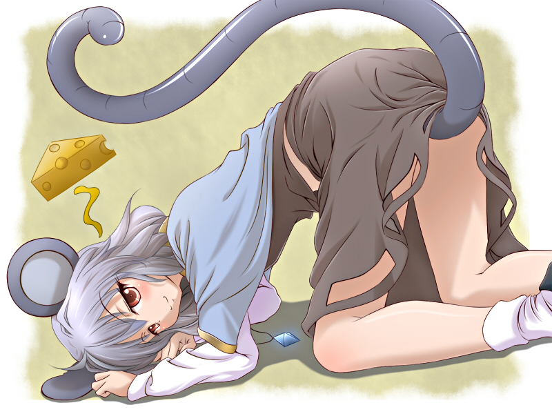 1girl, ahoge, ass, ayase_midori, blush, cheese, eyebrows_visible_through_hair, female, food, hair_between_eyes, long_tail, midriff, mouse_ears, mouse_tail, mousegirl, nazrin, nezumimimi, red_eyes, short_hair, silver_hair, skirt, skirt_lift, solo, source_request, tail, top-down_bottom-up, touhou