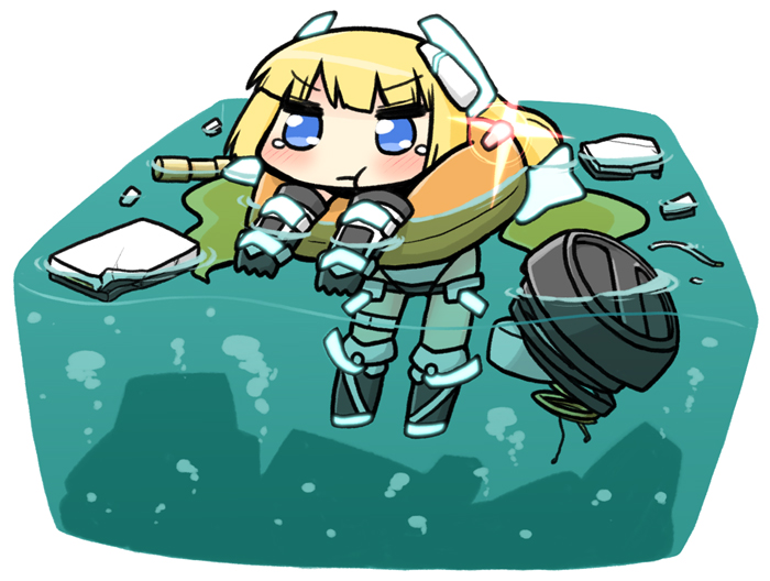 1girl, :t, afloat, angela_balzac, blue_eyes, blush, bodysuit, chibi