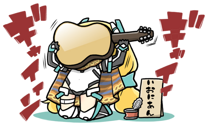 1girl, acoustic_guitar, angela_balzac, bodysuit, chibi, full_body, guitar, headgear