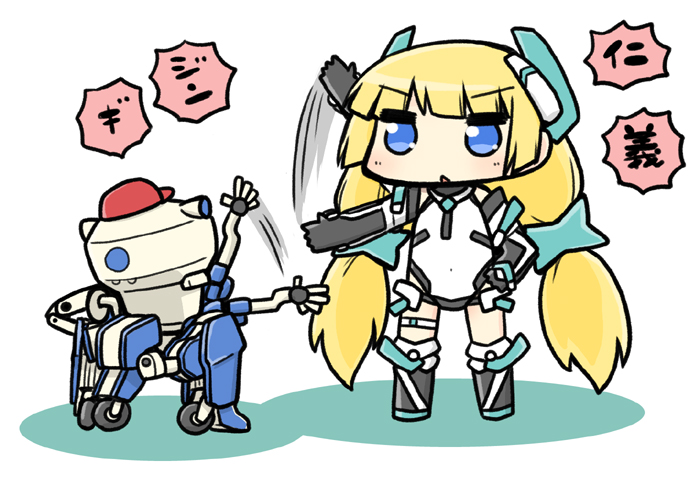 1girl, angela_balzac, baseball_cap, blue_eyes, blush, bodysuit, chibi, covered_navel, eyebrows, eyebrows_visible_through_hair, frontier_setter, full_body, hand_on_hip, hat, headgear, long_hair, low_twintails, motion_lines, rakuen_tsuihou, redhead, robot, serizawa_enono, shadow, simple_background, translation_request, triangle_mouth, twintails, very_long_hair, waving, white_background