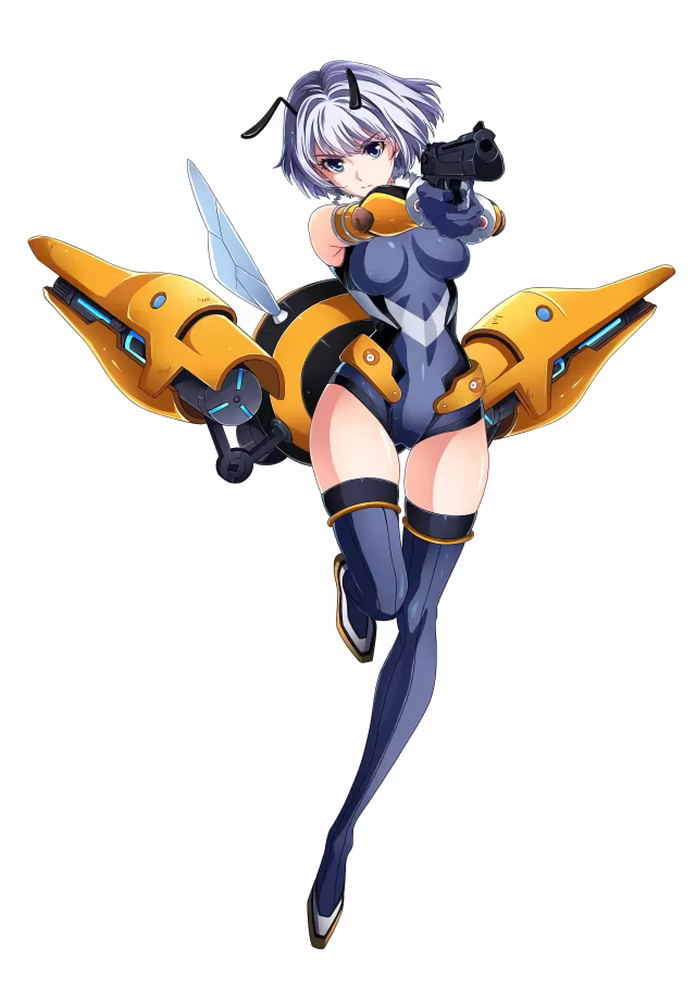 1girl, antennae, elbow_gloves, full_body, gloves, gun, holding, holding_gun