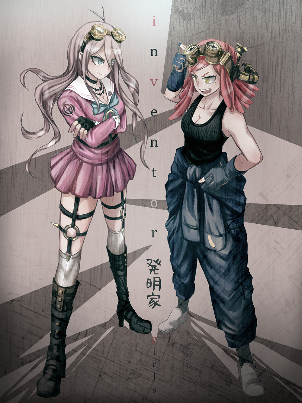 2girls, \r\n, adjusting_goggles, antenna_hair, black_gloves, blonde_hair, blue_eyes, boku_no_hero_academia, boots, bow, breasts, cleavage, crossed_arms, crossover, danganronpa_(series), edaki14, fingerless_gloves, gloves, goggles, goggles_on_head, hand_on_hip, hatsume_mei, highres, iruma_miu, jumpsuit, long_hair, looking_at_another, multiple_girls