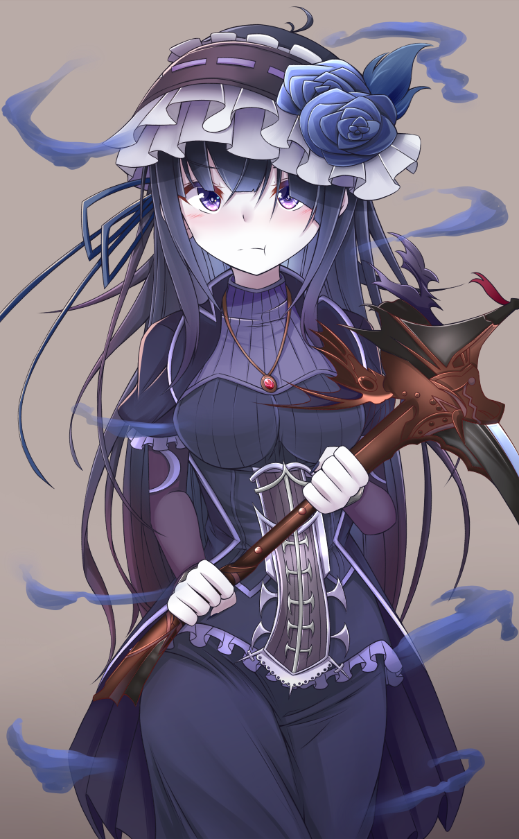 >:t, 1girl, :t, antenna_hair, bangs, blue_rose, breasts, brown_background