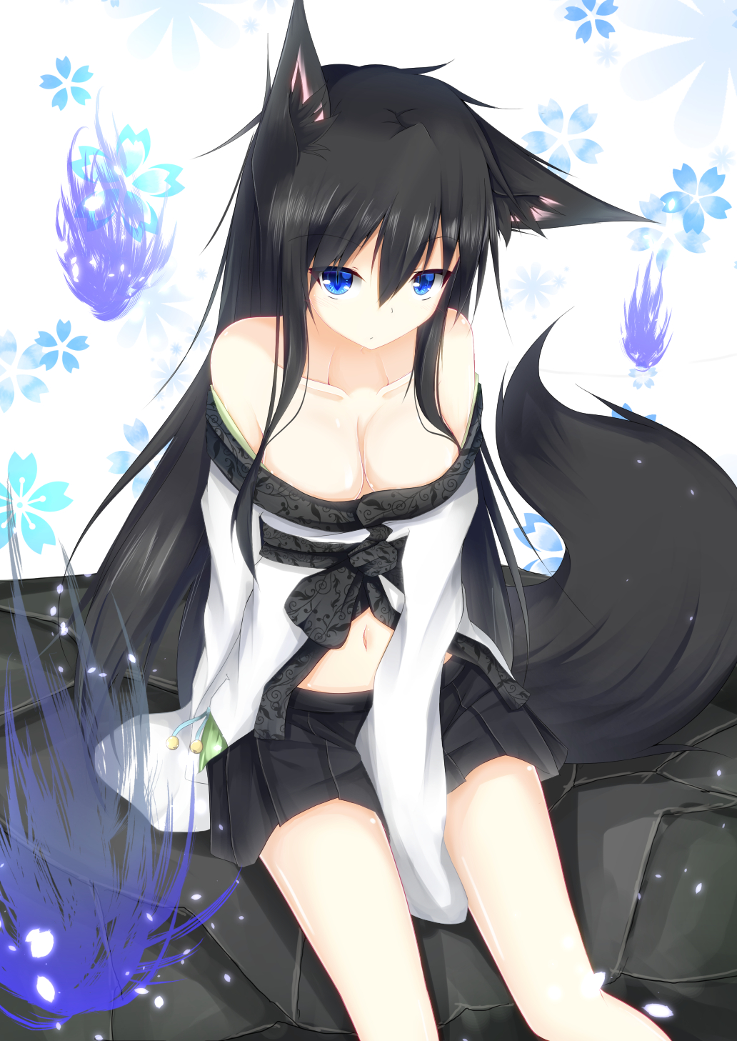 1girl, animal_ears, bare_shoulders, black_hair, black_skirt, breasts, cleavage, collarbone