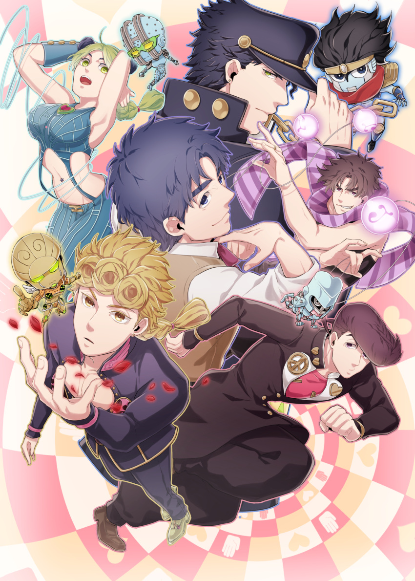 adjusting_clothes, adjusting_hat, ahoge, arms_up, black_hair, blonde_hair, blue_eyes, braid, breasts, brown_eyes, brown_hair, chain, chibi, clacker, clenched_hand, crazy_diamond, double_bun, earrings, gakuran, giorno_giovanna, gold_experience, green_eyes, green_hair, grin, hair_tie, halter_top, halterneck, hat, heart, higashikata_jousuke, highres, jewelry, jojo_no_kimyou_na_bouken, jonathan_joestar, joseph_joestar_(young), kuujou_jolyne, kuujou_joutarou, large_breasts, multicolored_hair, navel, navel_piercing, open_mouth, peace_symbol, petals, piercing, pin, pompadour, pose, scarf, school_uniform, shikimi_rau, single_braid, smile, stand_(jojo), star_platinum, stone_free, string, striped, striped_scarf, stud_earrings, sweater_vest, two-tone_hair, wristband, yellow_eyes