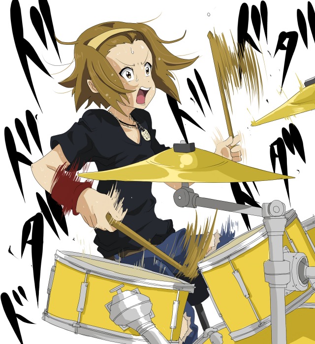 drum, drum_set, drums, drumsticks, hairband, headband, instrument, jacky_(artist), k-on!, solo, t-shirt, tainaka_ritsu, tomboy, wristband, wristbands