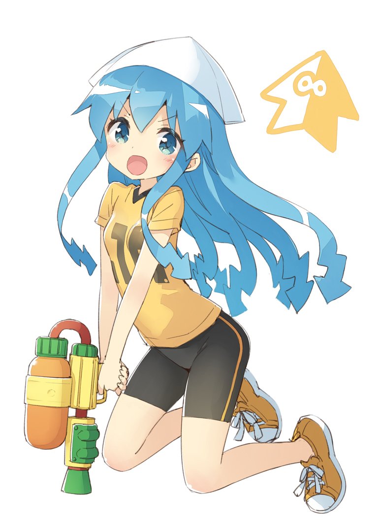 >:o, 1girl, :d, :o, alternate_costume, bangs, bike_shorts, blue_eyes