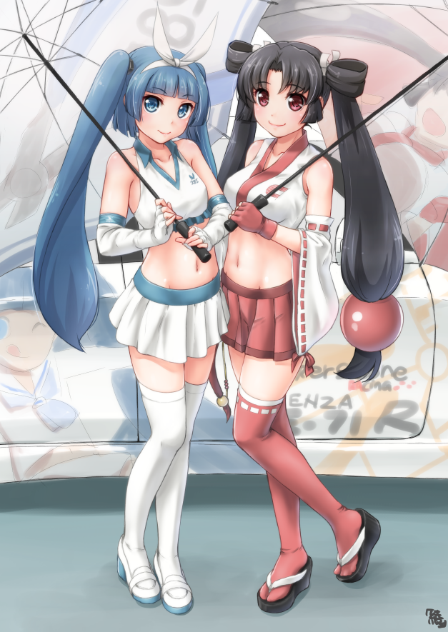 2girls, ayama_yuiya, bangs, bare_shoulders, black_hair, blue_eyes, blue_hair, blunt_bangs, car, crop_top, cusco_(company), eyebrows, eyebrows_visible_through_hair, full_body, ground_vehicle, hair_bobbles, hair_ornament, hairband, long_hair, looking_at_viewer, midriff, miniskirt, motor_vehicle, multiple_girls, navel, nipa-ko, nontraditional_miko, pleated_skirt, racequeen, red_eyes, red_legwear, red_skirt, skirt, smile, standing, tabi, takasaki_kusuko, thigh-highs, twintails, ultimate_nipper, umbrella, very_long_hair, white_legwear, white_skirt, zettai_ryouiki