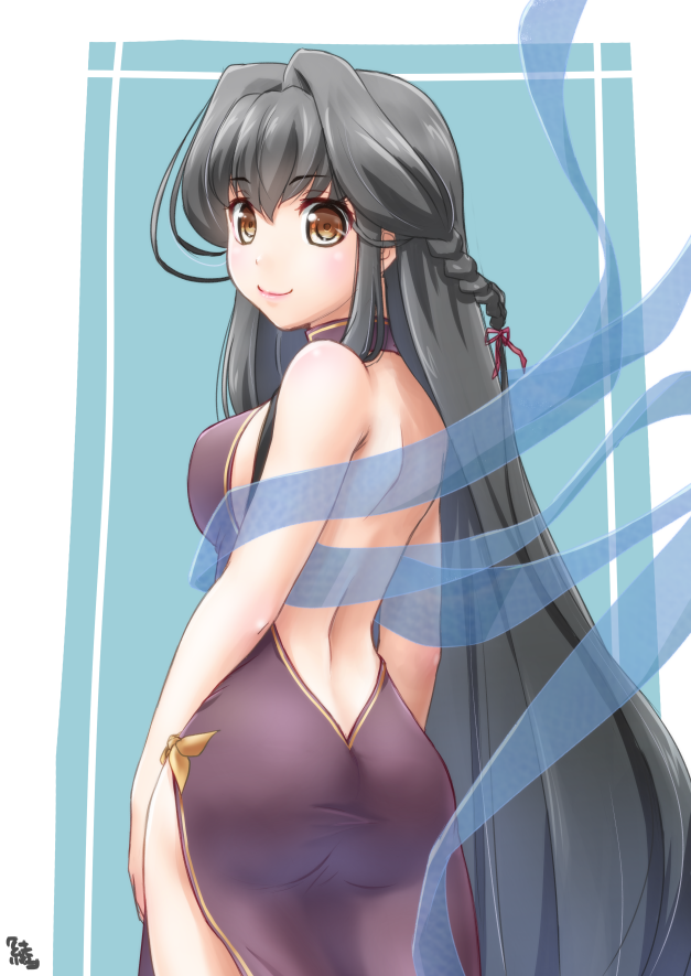 1girl, ass, ayama_yuiya, bare_back, bare_shoulders, black_hair, braid, brown_eyes