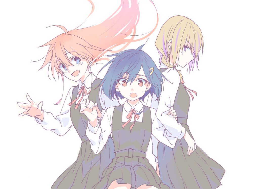 3girls, :d, alternate_costume, arm_holding, blonde_hair, blue_eyes, blue_hair, braid, brown_eyes, dress, flip_flappers, from_side, girl_sandwich, hair_ornament, hairclip, holding_hands, kokomine_cocona, long_hair, multicolored_hair, multiple_girls, open_mouth, papika_(flip_flappers), pinafore_dress, profile, redhead, sandwiched, school_uniform, shiraichi3vd, short_hair, smile, streaked_hair, violet_eyes, white_background, yayaka