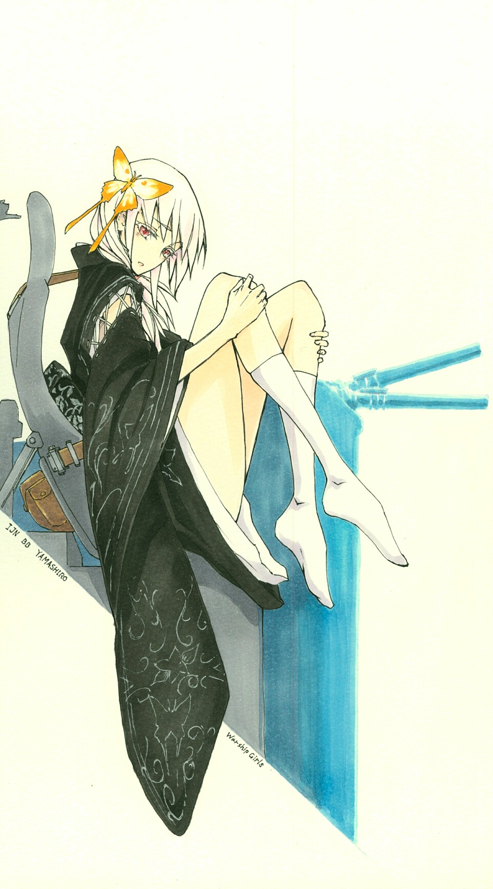black_kimono, butterfly_hair_ornament, cannon, chair, character_name, colored_eyelashes, commentary_request, copyright_name, from_side, hair_ornament, hair_over_shoulder, hands_on_own_knees, highres, japanese_clothes, kikusui_karakuchi, kimono, knees_up, long_sleeves, looking_at_viewer, looking_to_the_side, machinery, marker_(medium), obi, open_mouth, red_eyes, sash, sitting, socks, text, traditional_media, turret, white_background, white_hair, white_legwear, wide_sleeves, yamashiro_(zhan_jian_shao_nyu), zhan_jian_shao_nyu
