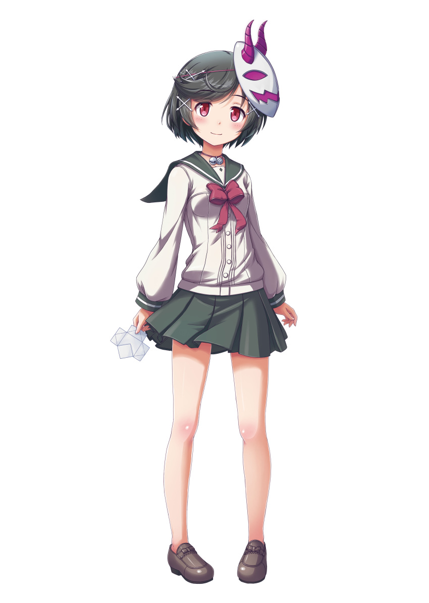 1girl, absurdres, bangs, bare_legs, bell, black_hair, bow, gal_gun, gal_gun_double_peace, game_cg, hair_ornament, hairclip, highres, holding, kamizono_maya, loafers, long_sleeves, mask, mask_on_head, neck_ribbon, no_socks, official_art, origami, pigeon-toed, pleated_skirt, red_eyes, ribbon, shoes, short_hair, skirt, smile, solo, swept_bangs, thigh-highs, white_background