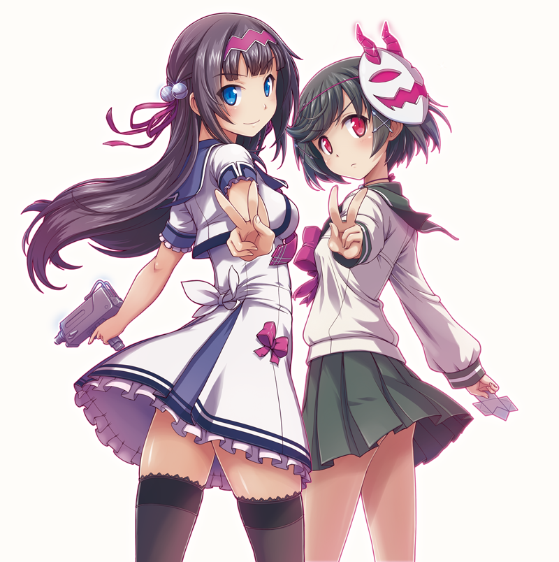 2girls, bell, black_hair, black_legwear, blue_eyes, dress, gal_gun, gal_gun_double_peace