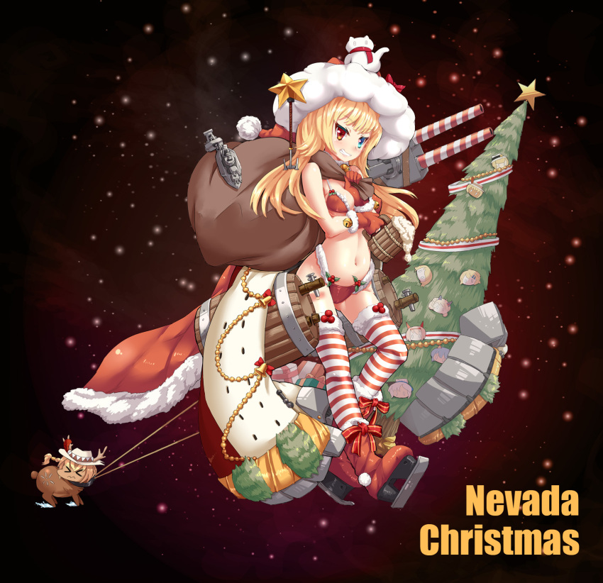 2girls, alcohol, alternate_costume, anchor, antlers, barrel, beer, beer_keg, beer_mug, bell, bikini, blonde_hair, blue_eyes, blush, cannon, cape, character_name, chibi, christmas, christmas_tree, collar, commentary_request, covered_nipples, cowboy_hat, full_body, gift, gloves, grin, hat, heterochromia, highres, ice_skates, leash, leash_pull, long_hair, looking_at_viewer, machinery, mechanical_hands, multiple_girls, navel, nevada_(zhan_jian_shao_nyu), official_art, oklahoma_(zhan_jian_shao_nyu), red_bikini, red_eyes, red_gloves, red_ribbon, red_shoes, reindeer, reindeer_antlers, ribbon, sack, shoes, sirills, skates, smile, snowman, star, striped, striped_legwear, swimsuit, text, thigh-highs, turret, zhan_jian_shao_nyu