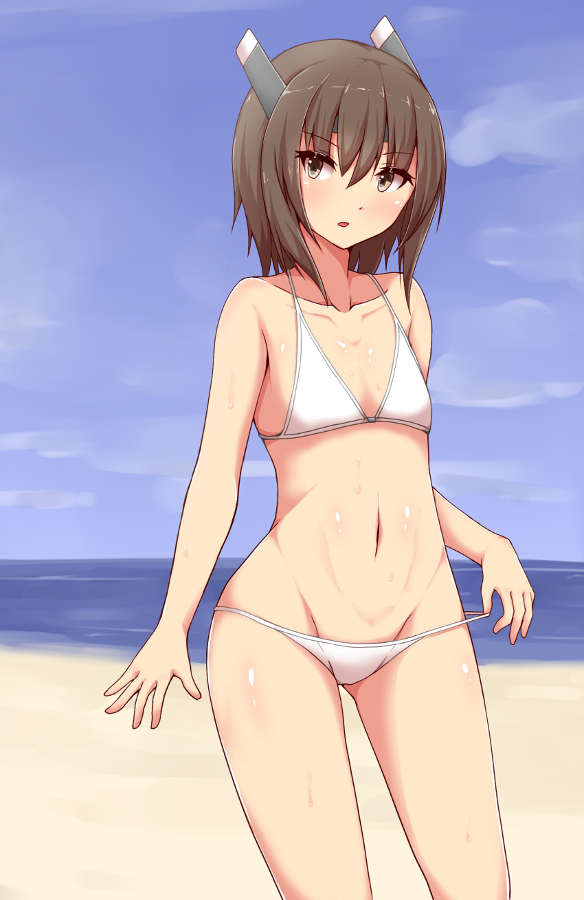 1girl, adjusting_clothes, adjusting_swimsuit, beach, bikini, brown_eyes, brown_hair, flat_chest