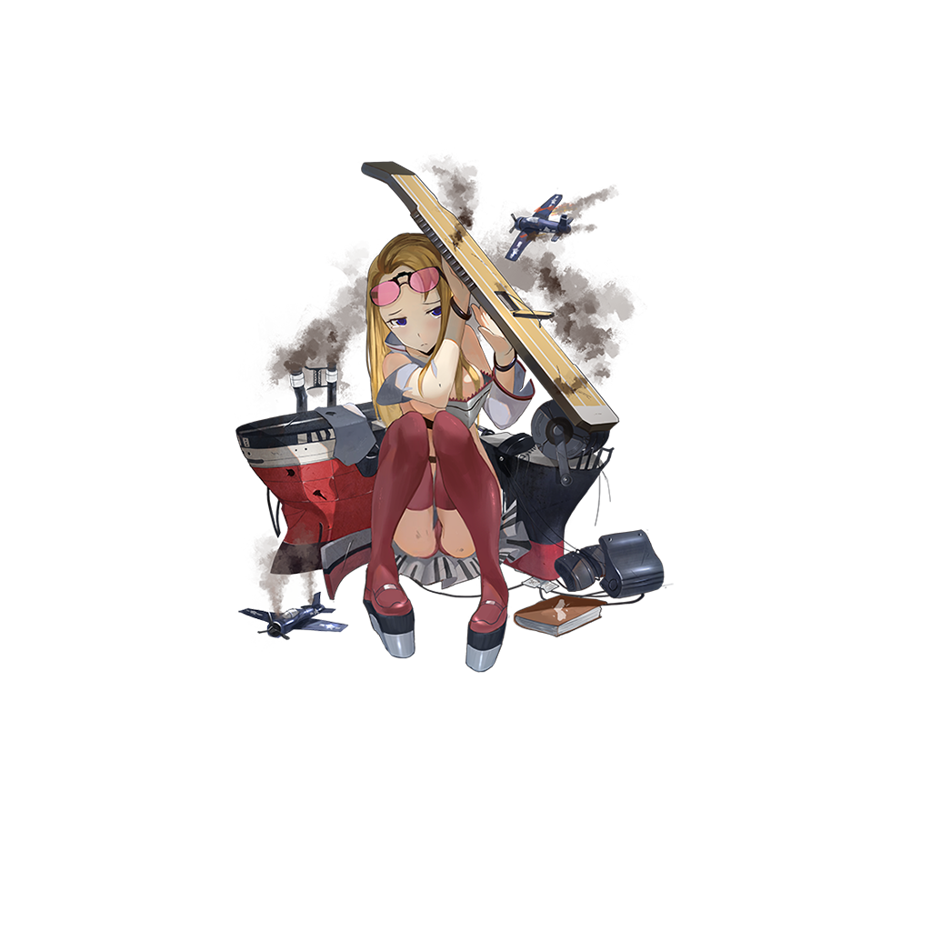 1girl, aircraft, airplane, bangs, belt, blonde_hair, blue_eyes, book, boots, broken, closed_mouth, collar, crotch, damaged, feirla, flight_deck, fm-2_wildcat, forehead, full_body, glasses, glasses_on_head, grey_jacket, high_collar, langley_(zhan_jian_shao_nyu), long_sleeves, looking_to_the_side, machinery, official_art, panties, parted_bangs, platform_footwear, red_legwear, red_panties, remodel_(zhan_jian_shao_nyu), shoulder_cutout, sitting, skirt, smoke, smokestack, solo, tears, thigh-highs, thigh_boots, transparent_background, underwear, wristband, zhan_jian_shao_nyu