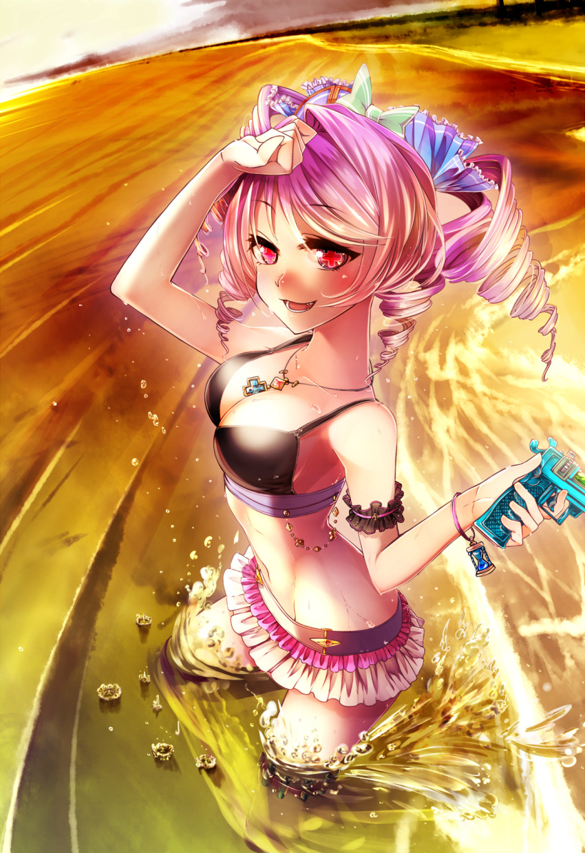 1girl, arm_up, beach, bikini, bikini_skirt, bracelet, breasts, cleavage