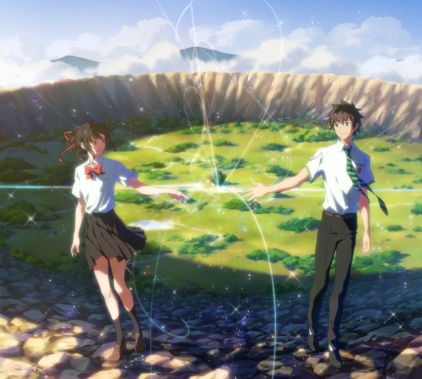 1boy, 1girl, absurdres, belt, black_hair, black_legwear, black_skirt, bow, bowtie, brown_eyes, eye_contact, hair_ribbon, highres, kimi_no_na_wa, looking_at_another, luclu03, miyamizu_mitsuha, outdoors, pleated_skirt, red_bow, red_ribbon, ribbon, school_uniform, shirt, short_hair, skirt, socks, striped, striped_legwear, tachibana_taki, white_legwear, white_shirt