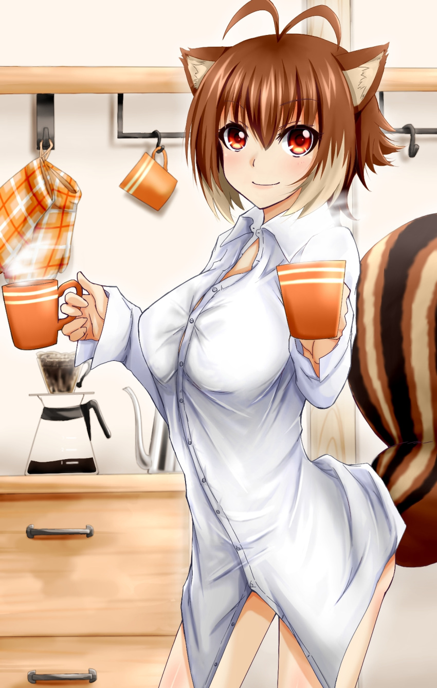 1girl, animal_ears, antenna_hair, blazblue, blush, breasts, brown_hair, bursting_breasts